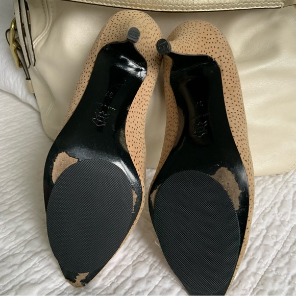 BROWNS  SUEDE PUMPS / CAMEL WITH BROWN DOT DETAIL / GOLD / 3 INCH HIGH HEEL - Picture 9 of 12